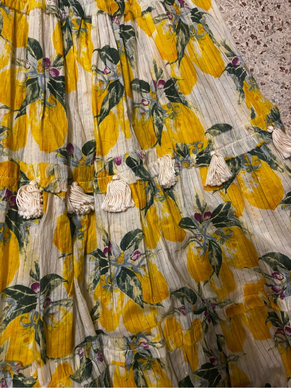 Z&L Europe Lemon Print Metallic Tiered Maxi Sundress, medium - Picture 10 of 11